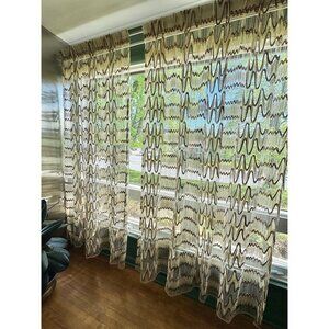 Vintage 70s woven curtain, beige, rust, wavy pattern, pleated, price for 1